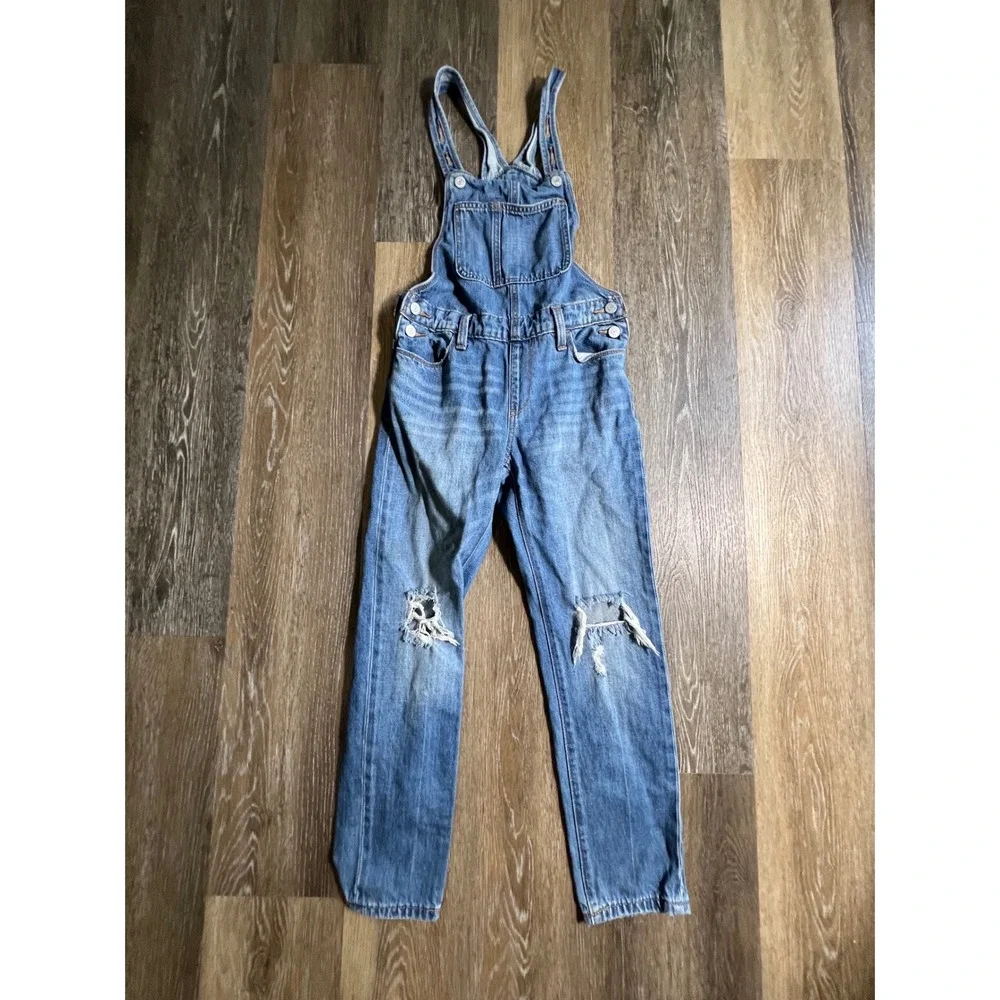 Old Navy Denim Overalls Kids L (10-12) Blue Distressed Bib Straight Leg